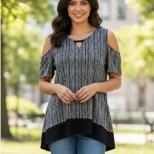 RAFAELLA Cold Shoulder Shark Bite Hem Blouse, Women’s L, Black White